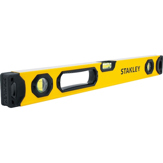STANLEY STHT42496 yellow box level with three vials, black end caps, side angle, photography.
