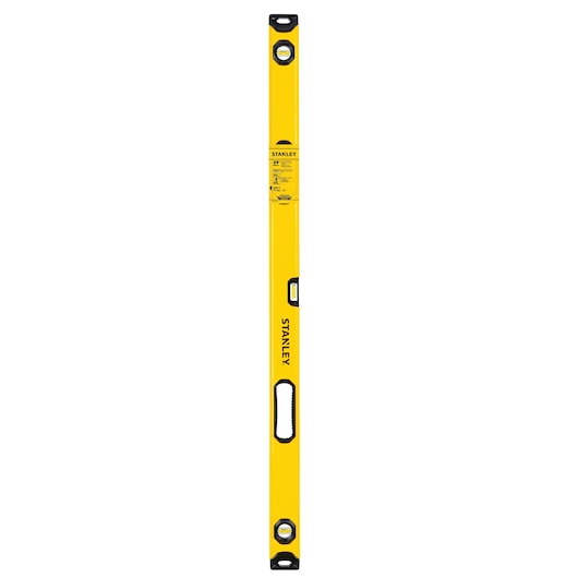 STANLEY STHT42504 yellow box level with handle and three vials, front view on white background.