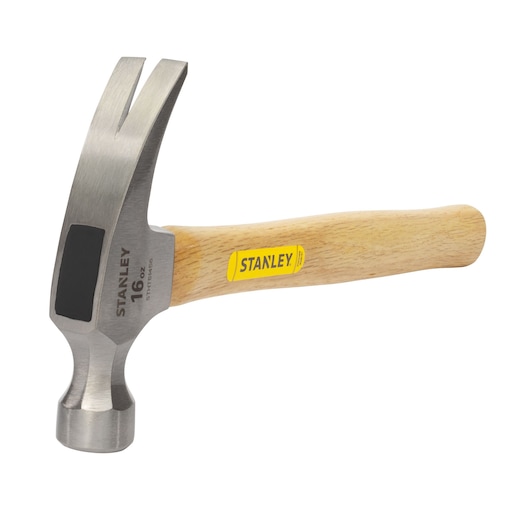 Stanley STHT51456 claw hammer with wooden handle, side angle on white background.