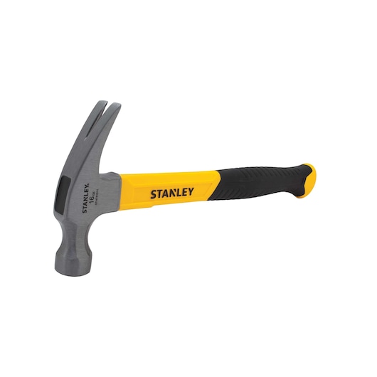 STANLEY STHT51511 claw hammer with yellow and black handle, product side view on white background.