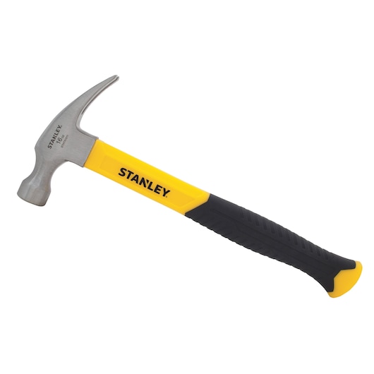Photo of STANLEY STHT51511 claw hammer with yellow and black handle, side angle on white background.