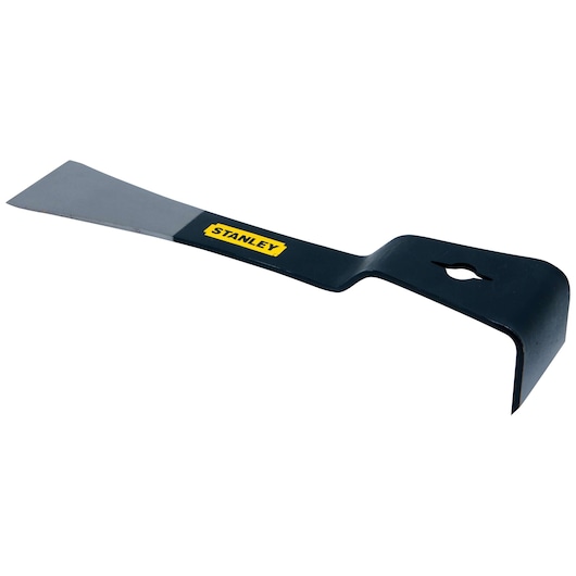 STANLEY STHT55530 flat pry bar, black steel, angled design, side view on white background.