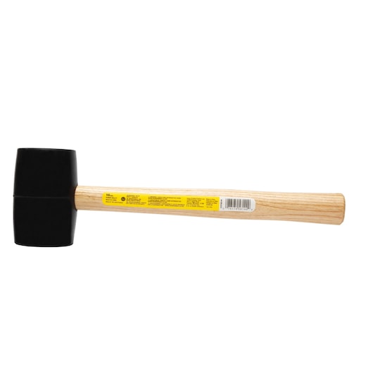 Photo of STANLEY STHT56144 rubber mallet with black head and natural wood handle, side angle on white background.