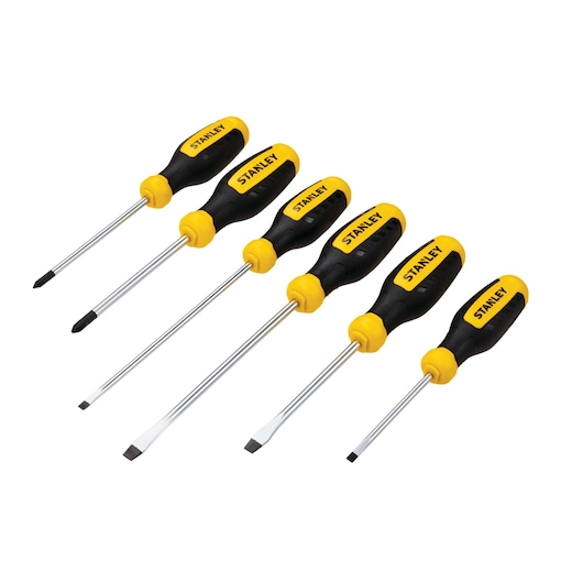 Stanley screwdriver set, six pieces with yellow and black handles, flathead and Phillips, front angle on white background