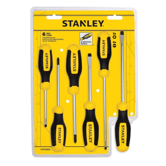 STANLEY STHT60025 6-piece screwdriver set with black and yellow bi-material handles in retail packaging, top view.