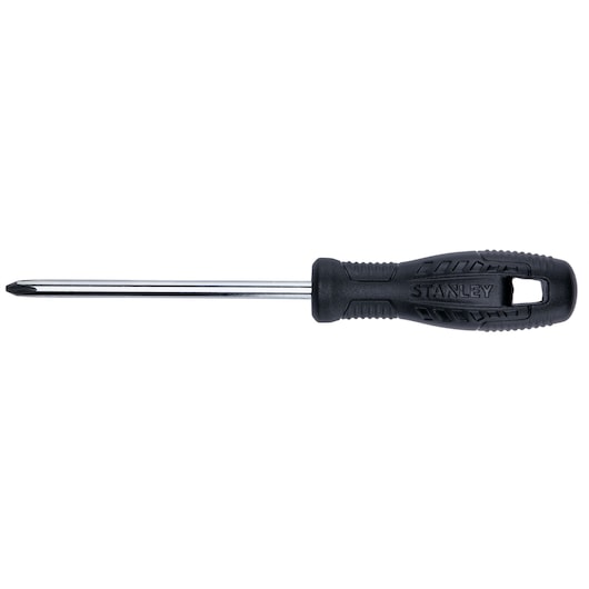 Stanley Phillips screwdriver, side view, with black textured handle and chrome shaft on white background