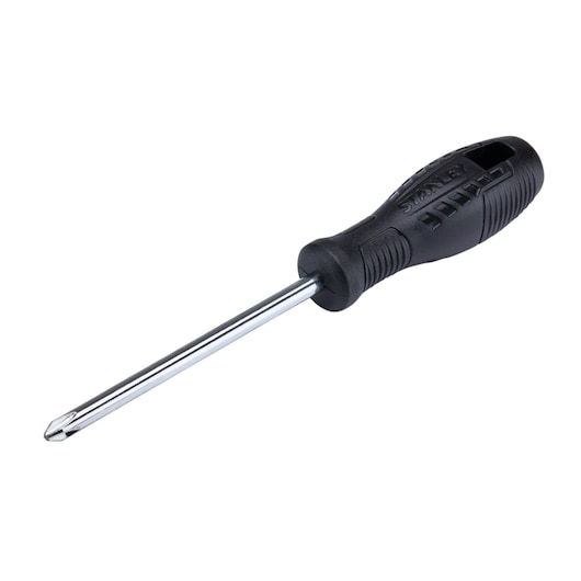 Stanley Phillips screwdriver with black ergonomic handle, angled view, white background