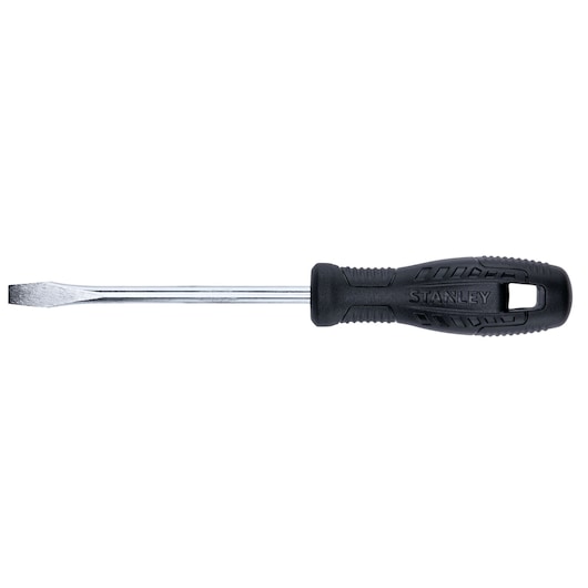 Stanley flat head screwdriver, black handle, chrome shaft, side angle on white background
