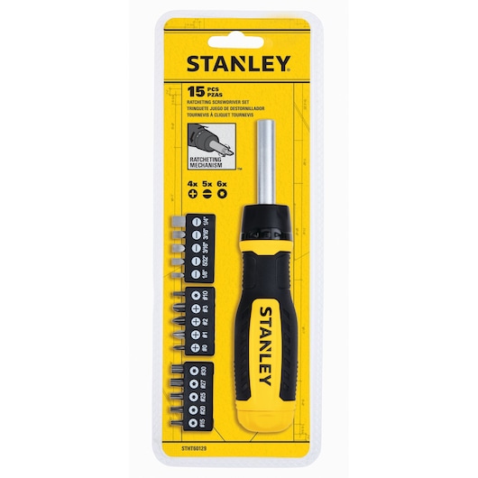 STANLEY STHT60129 ratcheting screwdriver set, 15 pieces, yellow and black handle, bits organized in packaging, front view.