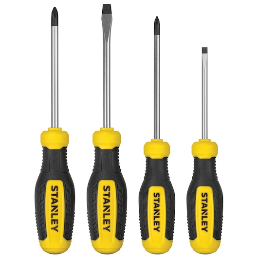 STANLEY STHT60796 screwdriver set, four black and yellow screwdrivers, front angle, white background.