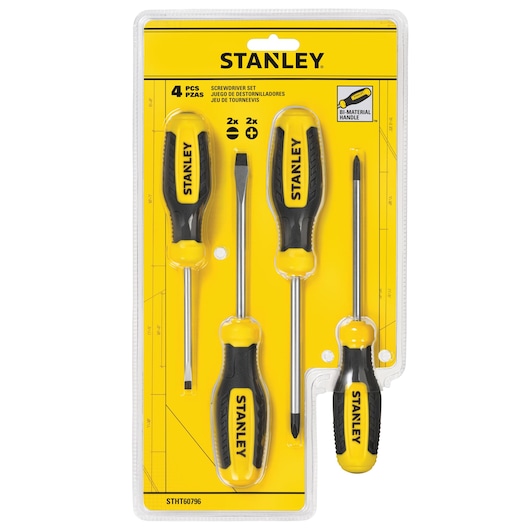 STANLEY STHT60796 4-piece screwdriver set with yellow and black handles in retail packaging, front angle.