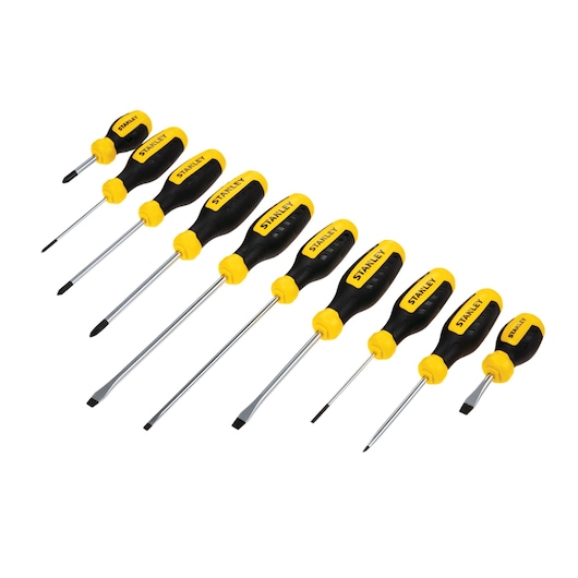 Top angle view of STANLEY screwdriver set with ten pieces, yellow and black handles, on white background