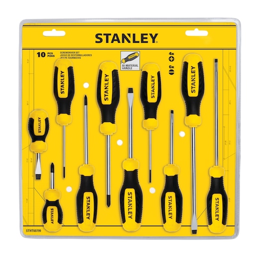 STANLEY STHT60799 10-piece screwdriver set with yellow and black bi-material handles, flat and Phillips heads, front view on package.