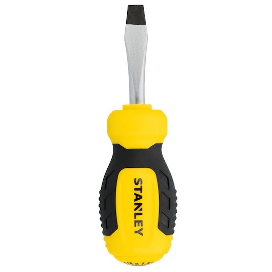 STANLEY STHT60800 flat head screwdriver, yellow and black handle, front angle, white background.