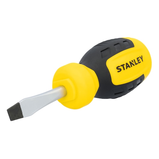 Stanley STHT60800 stubby flathead screwdriver, yellow and black handle, side angle photo.