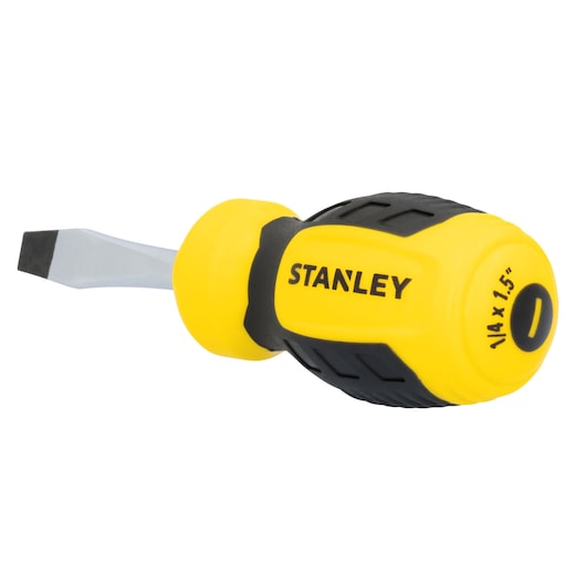 Photo of STANLEY STHT60800 stubby flathead screwdriver with yellow and black handle, front angle.