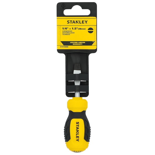 STANLEY STHT60800 flathead screwdriver with yellow and black handle, front view on white background.