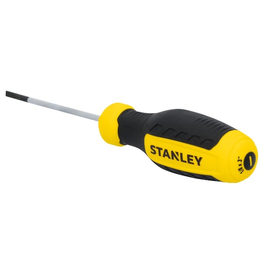 STANLEY STHT60801 slotted screwdriver with yellow and black handle, side angle on white background.