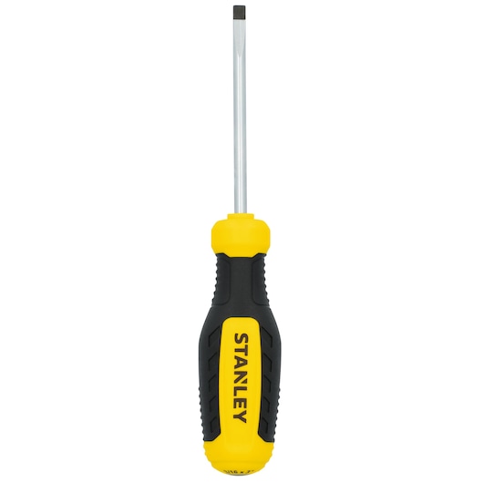 STANLEY STHT60802 slotted screwdriver, yellow and black handle, front angle, on white background.