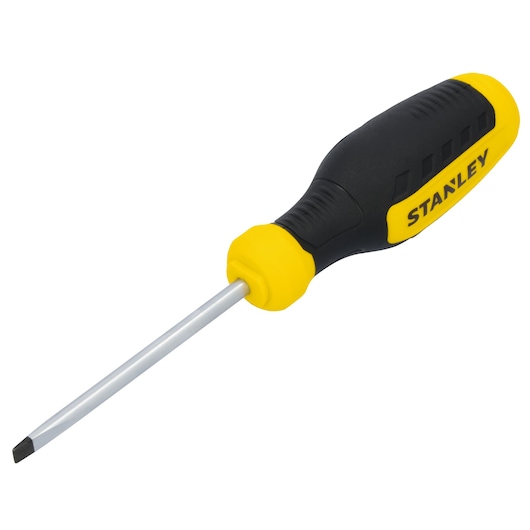 Stanley STHT60802 slotted screwdriver, black and yellow handle, side angle, on white background.