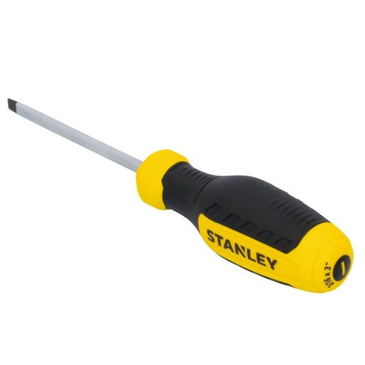 Photo of STANLEY STHT60802 slotted screwdriver with yellow and black handle, angled on white background.