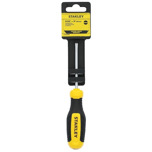 STANLEY STHT60802 flathead screwdriver with yellow and black ergonomic handle, packaged on white background, front view.