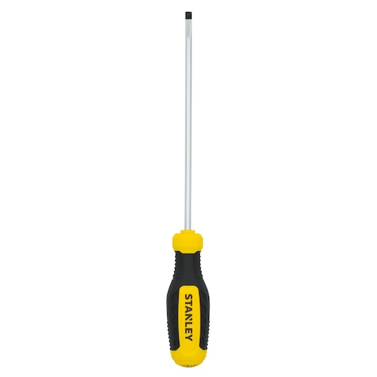 Stanley STHT60803 flathead screwdriver, yellow and black handle, straight-on angle, white background.