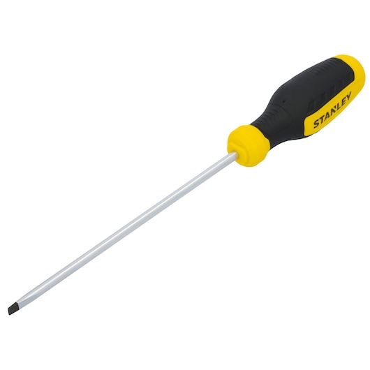 STANLEY STHT60803 flathead screwdriver with black and yellow handle, side view on white background.