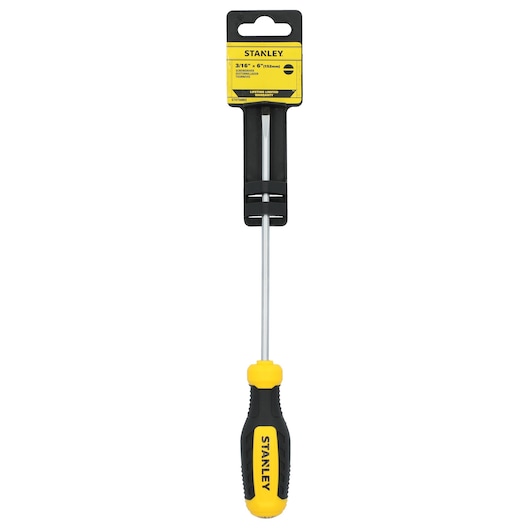 Photo of STANLEY STHT60803 slotted screwdriver with black and yellow handle, front view on white background.