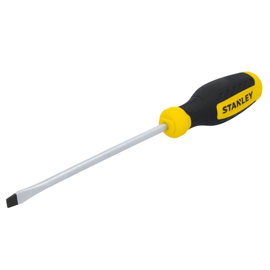 STANLEY STHT60805 flathead screwdriver with yellow and black handle, side angle, white background.