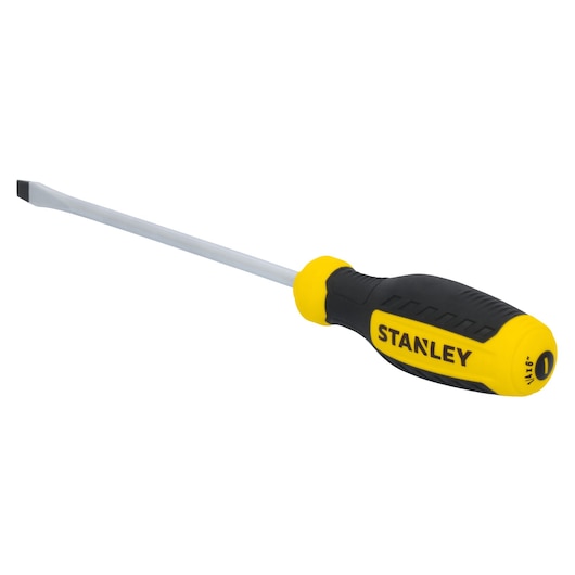 STANLEY STHT60805 flathead screwdriver with yellow and black handle, side angle on white background.