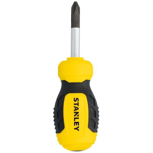 Stanley STHT60806 Phillips screwdriver with yellow and black handle, front angle, photography on white background.