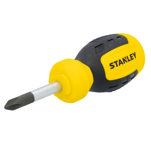 Stanley STHT60806 stubby Phillips screwdriver, yellow and black handle, front angle, white background.
