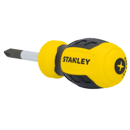 Stanley STHT60806 stubby Phillips screwdriver, yellow and black handle, front angle, white background.