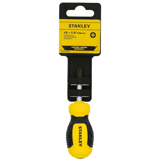 STANLEY STHT60806 stubby Phillips screwdriver with yellow and black handle, front angle on white background.