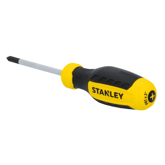 Photo of STANLEY STHT60807 Phillips screwdriver, yellow and black handle, side angle on white background.