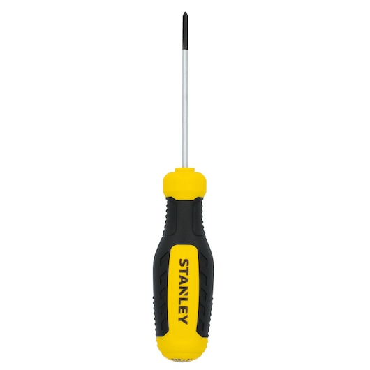 Stanley STHT60809 Phillips screwdriver front view, yellow and black handle, white background.