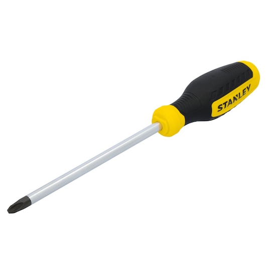 STANLEY STHT60810 Phillips screwdriver with black and yellow handle, angled on white background.