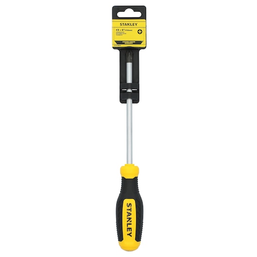 STANLEY STHT60810 Phillips screwdriver with yellow and black handle, front angle on white background.