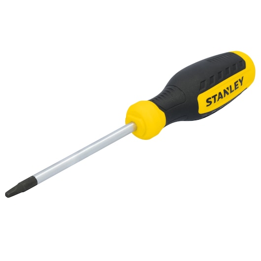STANLEY STHT60812 black and yellow screwdriver, side angle, ergonomic handle, photography on white background.