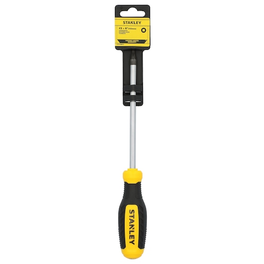 Photo of STANLEY STHT60813 Phillips screwdriver with black and yellow handle, front angle on white background.