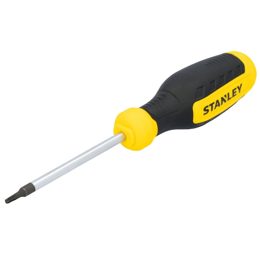 STANLEY STHT60814 screwdriver with black and yellow handle, side angle, on white background.