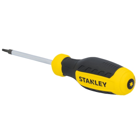 STANLEY STHT60814 black and yellow Torx screwdriver, side angle, ergonomic handle, white background.