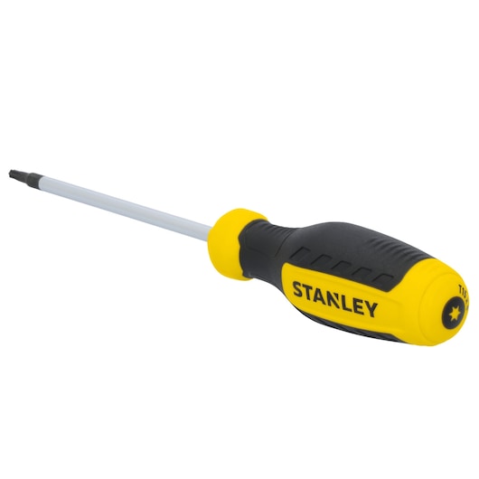 Stanley STHT60815 yellow and black Torx screwdriver, side angle on white background.