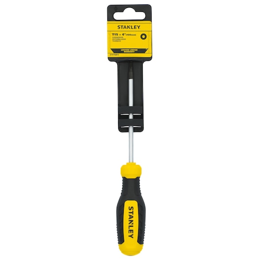STANLEY STHT60815 T15 x 4 inch Torx screwdriver with yellow and black handle, front angle, white background.