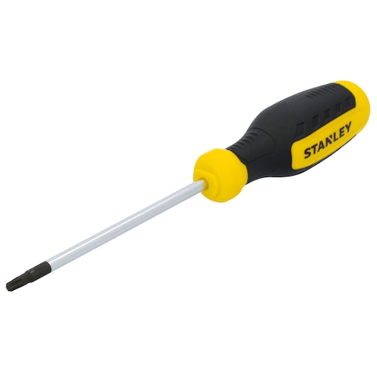 STANLEY STHT60816 screwdriver with yellow and black handle, side angle on white background.
