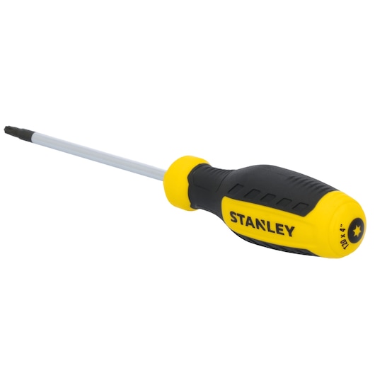 STANLEY STHT60816 black and yellow Phillips screwdriver, right side angle on white background.