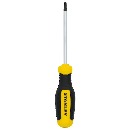 Photo of STANLEY STHT60817 screwdriver with yellow and black handle, straight-on angle, white background.