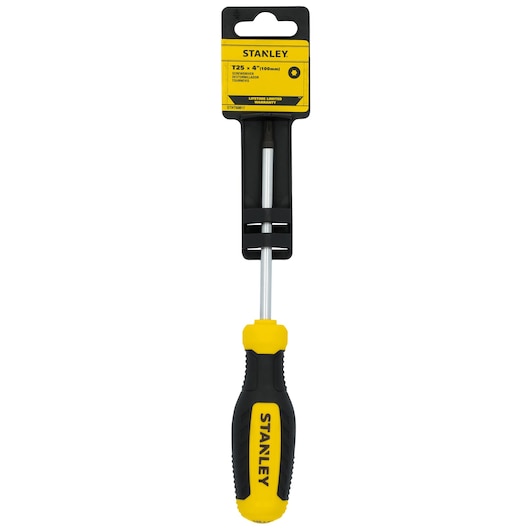 Front view of STANLEY T25S screwdriver with yellow and black handle, SKU STHT60817, in retail packaging.