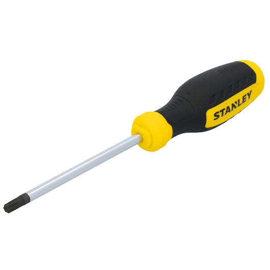 STANLEY STHT60818 black and yellow screwdriver, front angle, ergonomic handle, photographed on white background.